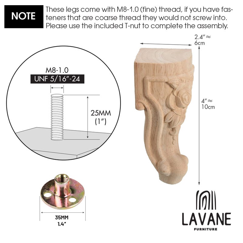 La Vane 4 inch / 10cm Wooden Furniture Legs  Set of 4 European Style Solid Wood Carving Furniture Replacement Feet Decoration for Sofa Cabinet Wardrobe Table Loveseat - Image 4
